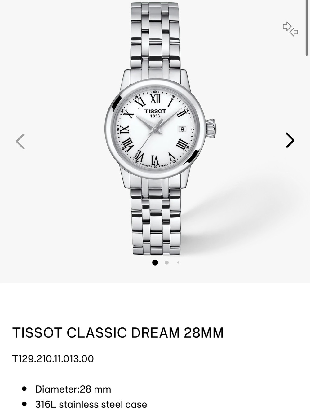 Tissot Silver Stainless Steel Women's Watch with White Dial